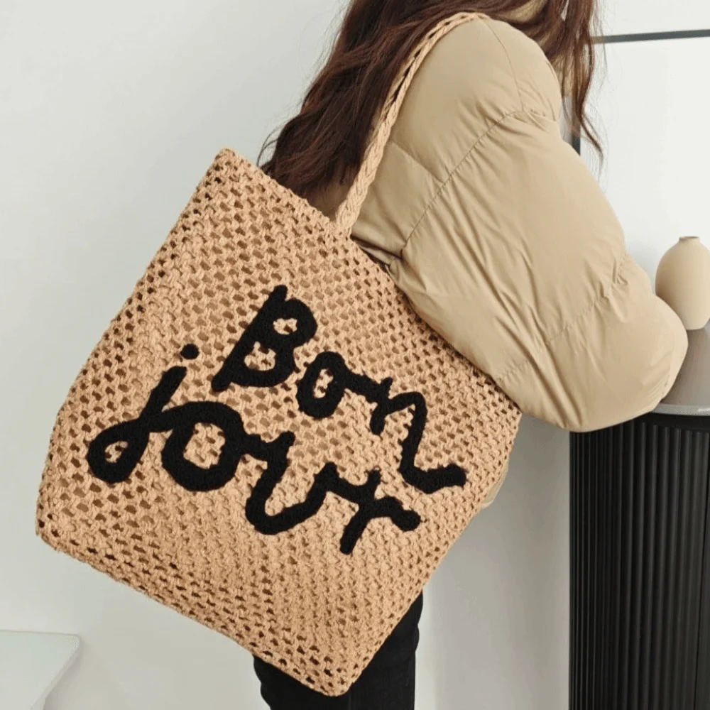 Sweet Bohemian Style Weave Tote Bag Large Capacity Solid Color Beach Shoulder Bag Letter Shopping Bag Straw Handbag Women