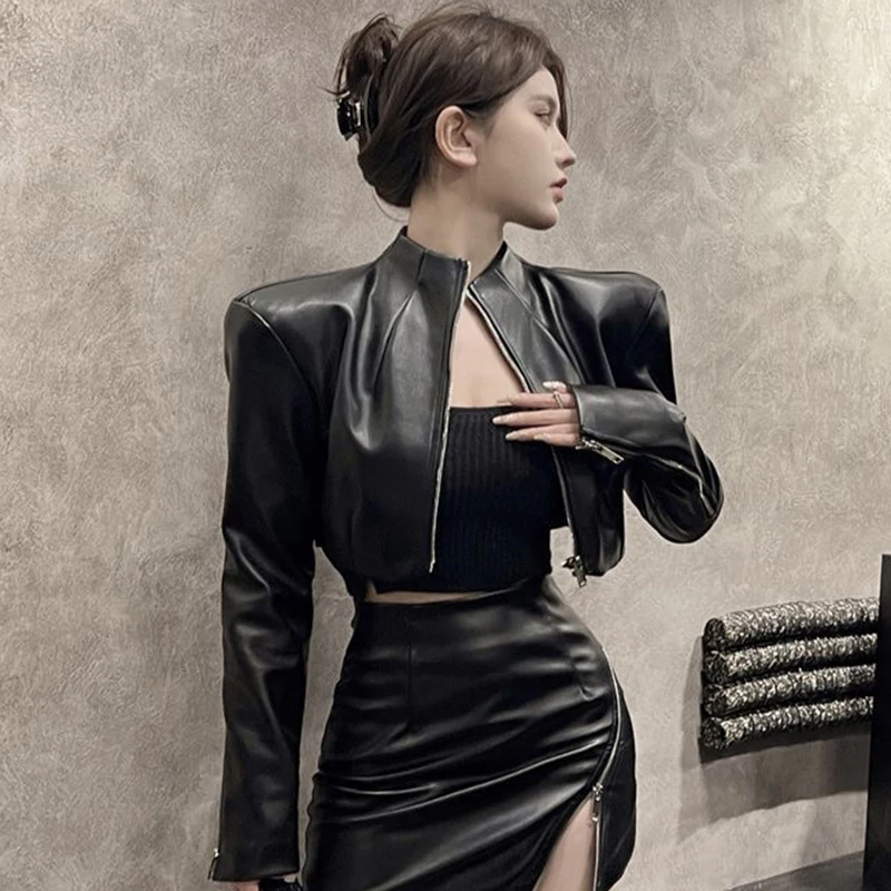 

Новая женская модная повседневная куртка с длинным рукавом на молнии из искусственной кожи, укороченная, в стиле Y2K, весна-осень 2026