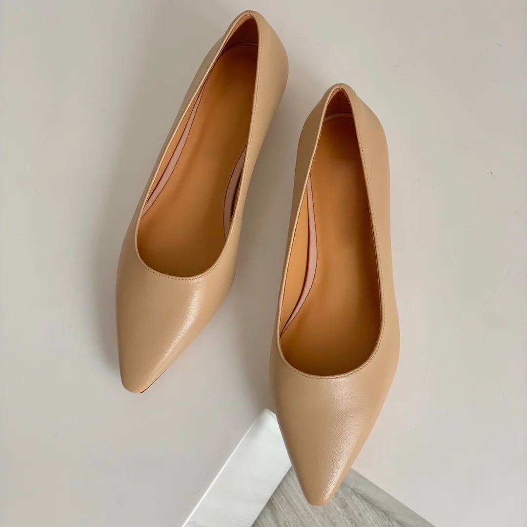 Donna-in Women Low Heel Pumps Genuine Leather Luxury Sheepskin Shoe Pointed Toe Female Nude Shoes Elegant Wedge Heels Design