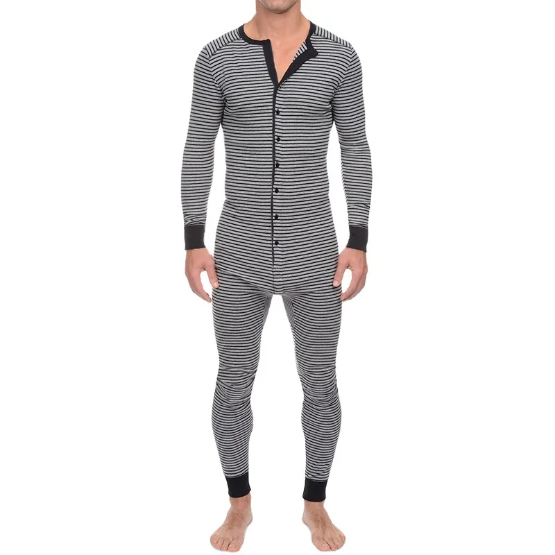 Men Underwear Pajama Skinny Striped Jumpsuit Long Sleeve O Neck Buttons Romper Sleepwear Overall Casual Homewear Pajama Set