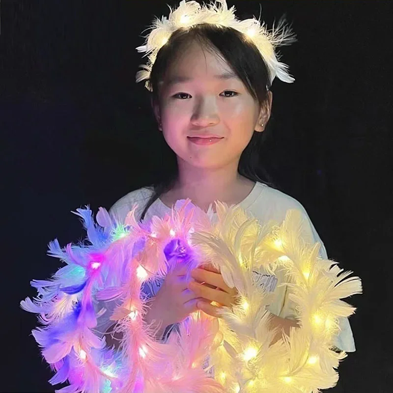 

30pcs Girl Children Feather Crown Wreath Light up Headband Flashing Birthday Glow Party Gift Wedding Festival