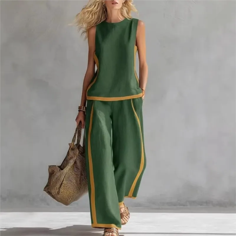 

Женский костюм с простым полосатым принтом, летняя модная блузка без рукавов, свободные брюки с широкими штанинами, комплект из двух предметов для женщин, повседневная одежда