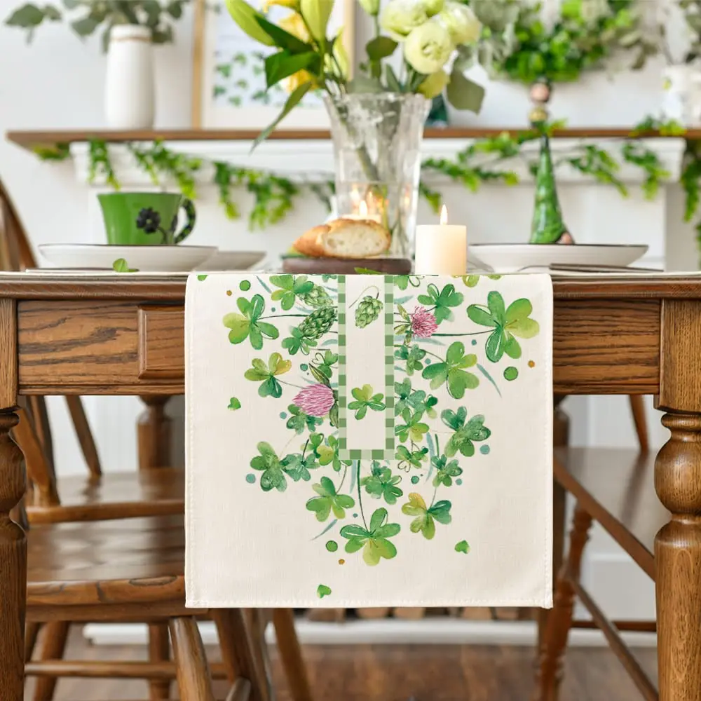 Shamrocks Flower St. Patrick's Day Table Runner, Seasonal Holiday Kitchen Dining Table Runner for Home Party Decor 13x72 Inch