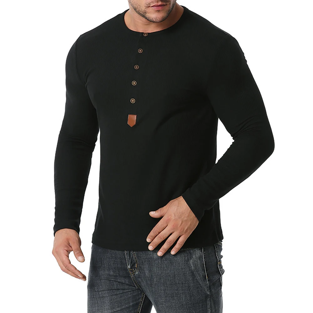 Mens Long Sleeve Ribbed Henley Shirts Tops Button Pullover Undershirt T Shirt Stretch Workout Slim Fit Muscle Casual Tees