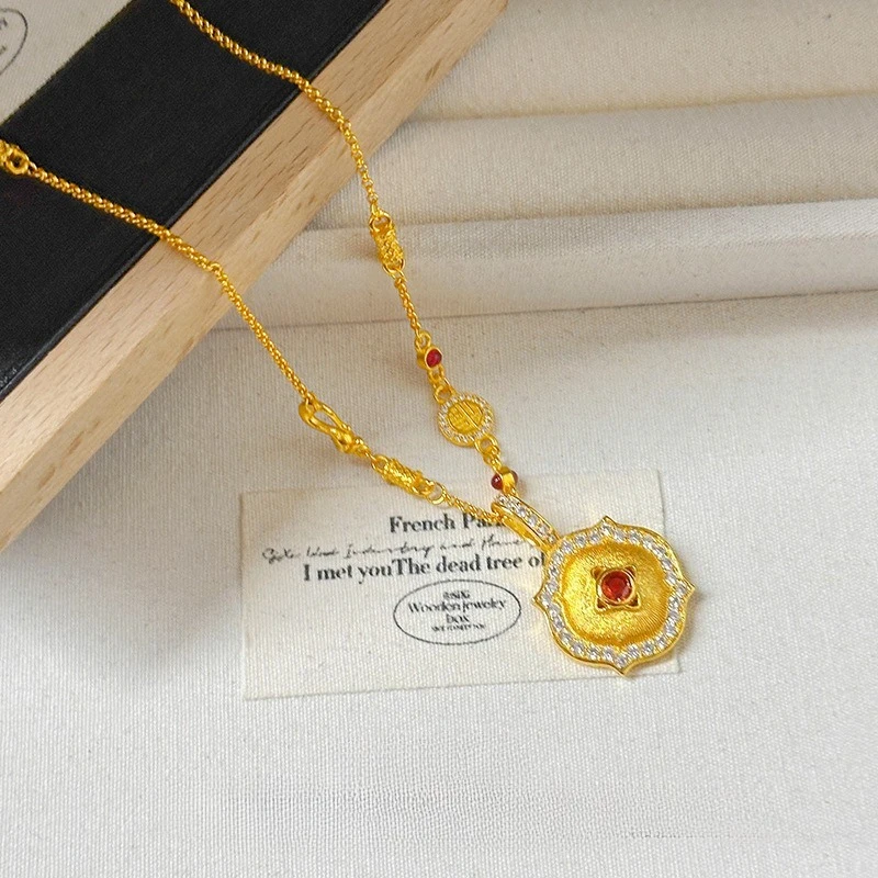 Fashion 18 K Gold Color Medieval Italian Brushed Ruby Pendant Necklace Set for Women Wedding Birthday Chain Jewelry Gifts