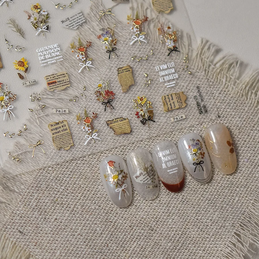 Autocollants rétro pour manucure DIY, décalcomanie, fleur de tournesol, lettre, pivoine, camélia, détruire AndrRose, nœud papillon, floraison, lys, nail art