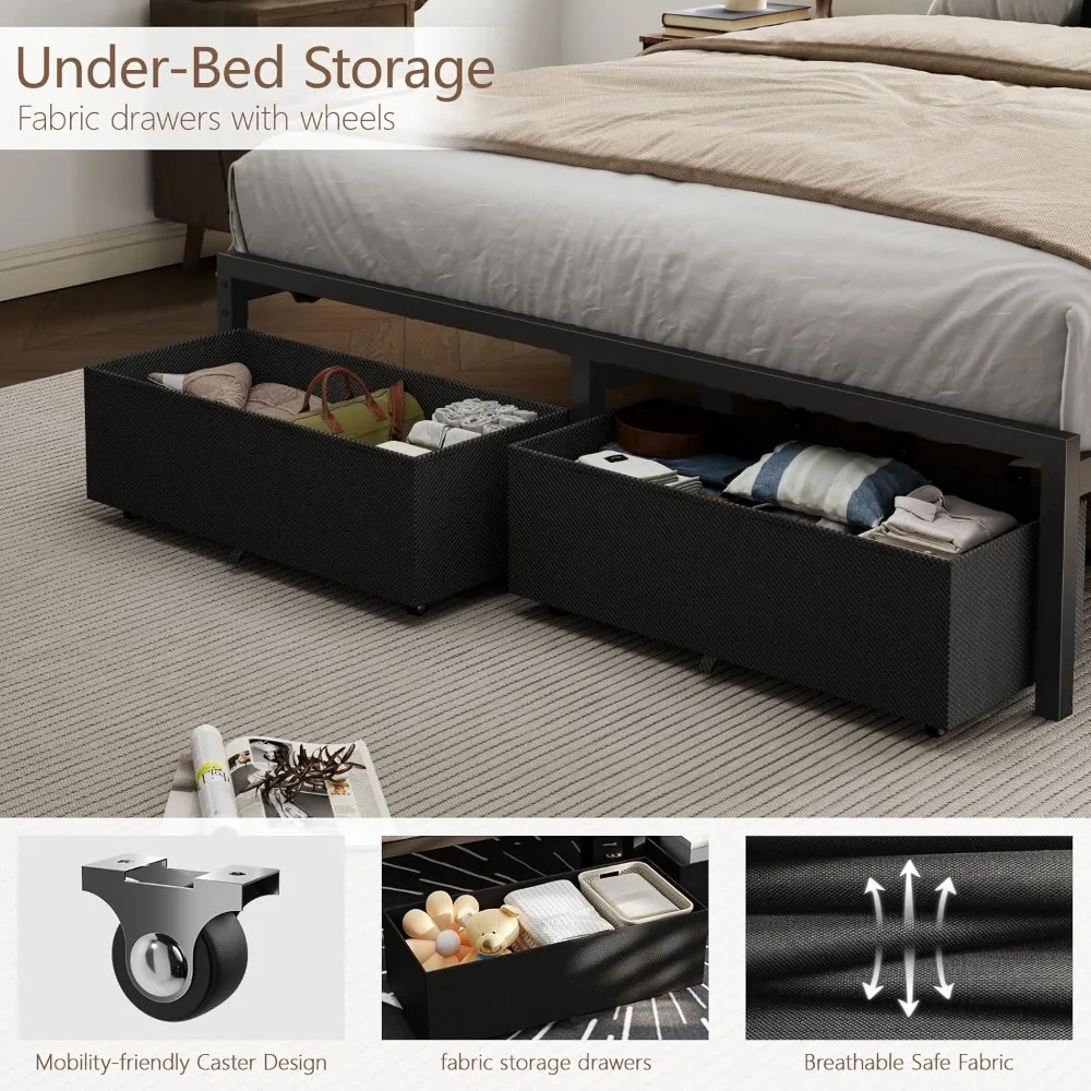 LED Full/Queen Size Bed Frame with Charging Station Upholstered Headboard & 2 Underbed Storage Drawers, No Spring Box Needed