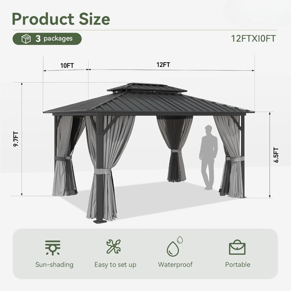 10'x12' Hardtop Gazebo, Aluminum Frame Canopy with Double Galvanized Steel Roof, Outdoor Metal Pavilion with Netting  pergola