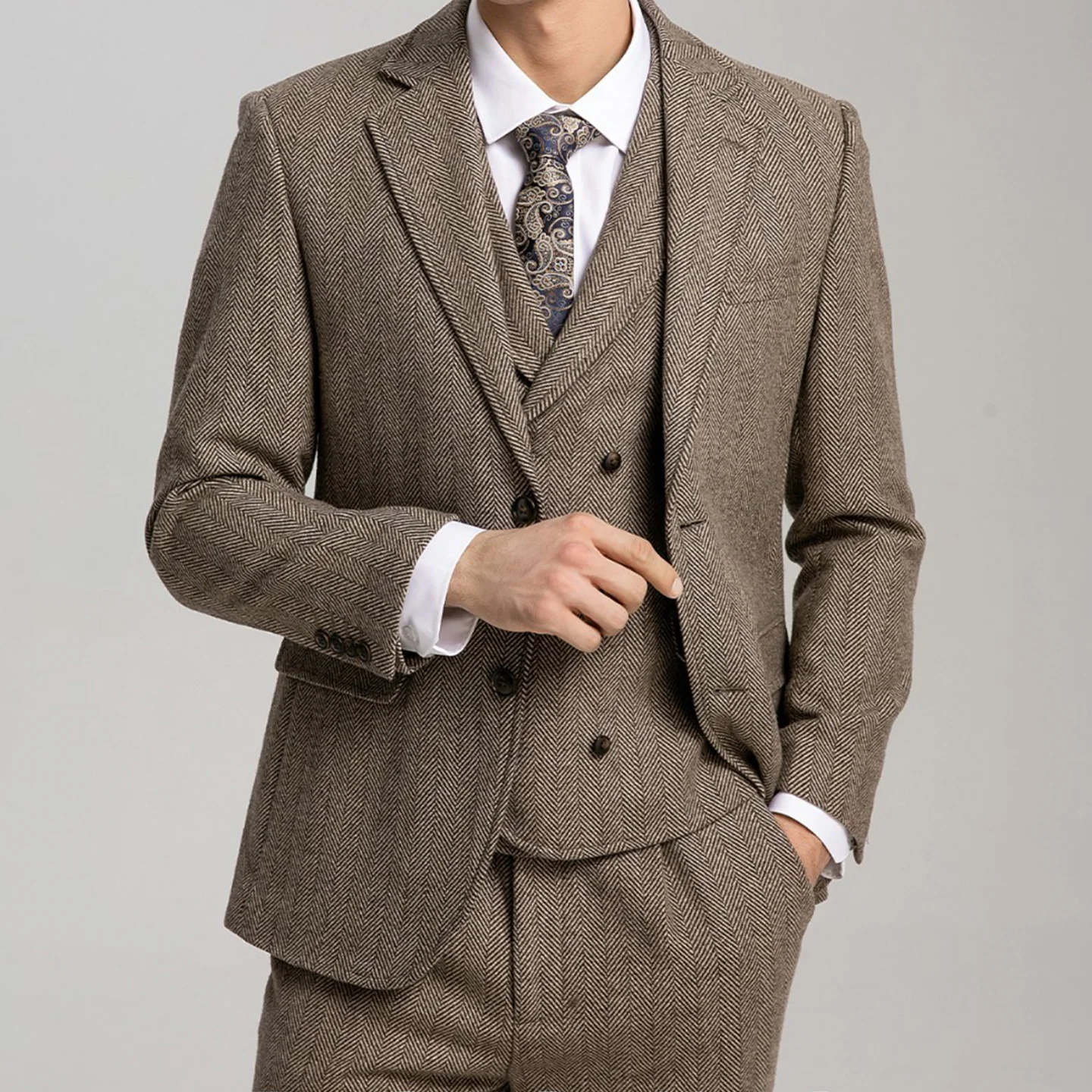 

Wedding Groom Suit Men's Autumn and Winter New Retro Brown Herringbone Wool Suit Three-Piece Suit