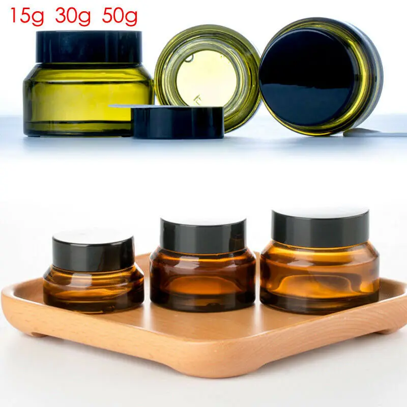 5Pack 15g 30g 50g Round Amber Glass Cosmetic Jars with Inner Liners and Black Lids Travel Jar Refillable Containers Makeup Cream