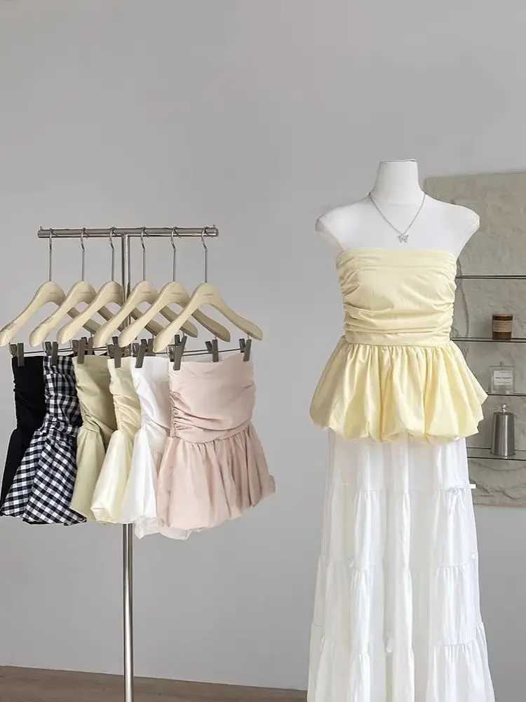 Ruffle Peplum Tube Cami Top: Waist-Cinching Sleeveless Crop Top Korean Style Chic Summer 2026 Bandeau For Petite Girl