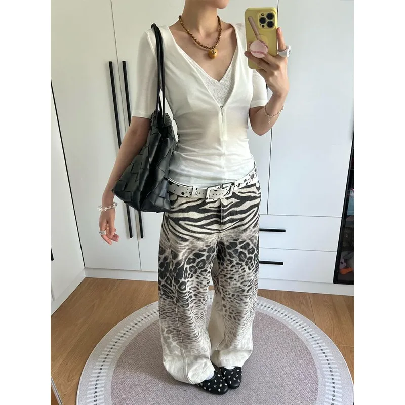 

Women Goth Print Baggy Leopard Print Jeans Street Harajuku Hip Hop Vintage High Waisted Jeans Clothing Wide Leg Jeans Y2k Pants
