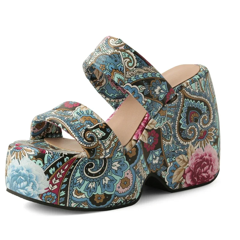 Этнические дизайнерские женские роскошные шлепанцы с цветочным принтом пейсли, богемные летние туфли на платформе на танкетке, летние туфли без каблуков, шлепанцы