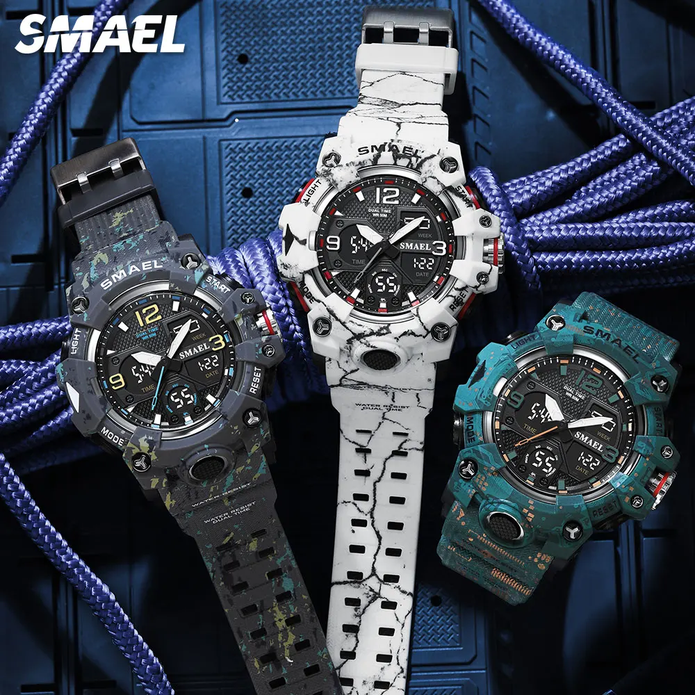 SMAEL Military Sport Watches for Men LED Dual Time Display Digital Wristwatch Fashion Waterproof Chronograph Quartz Watch Male