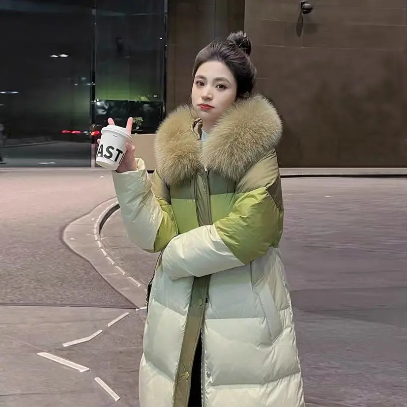 Winter Long Natural Fur Collar Patchwork Down Jacket Female Hooded Warm Outwears Women White Duck Down Parker Knee Length Jacket