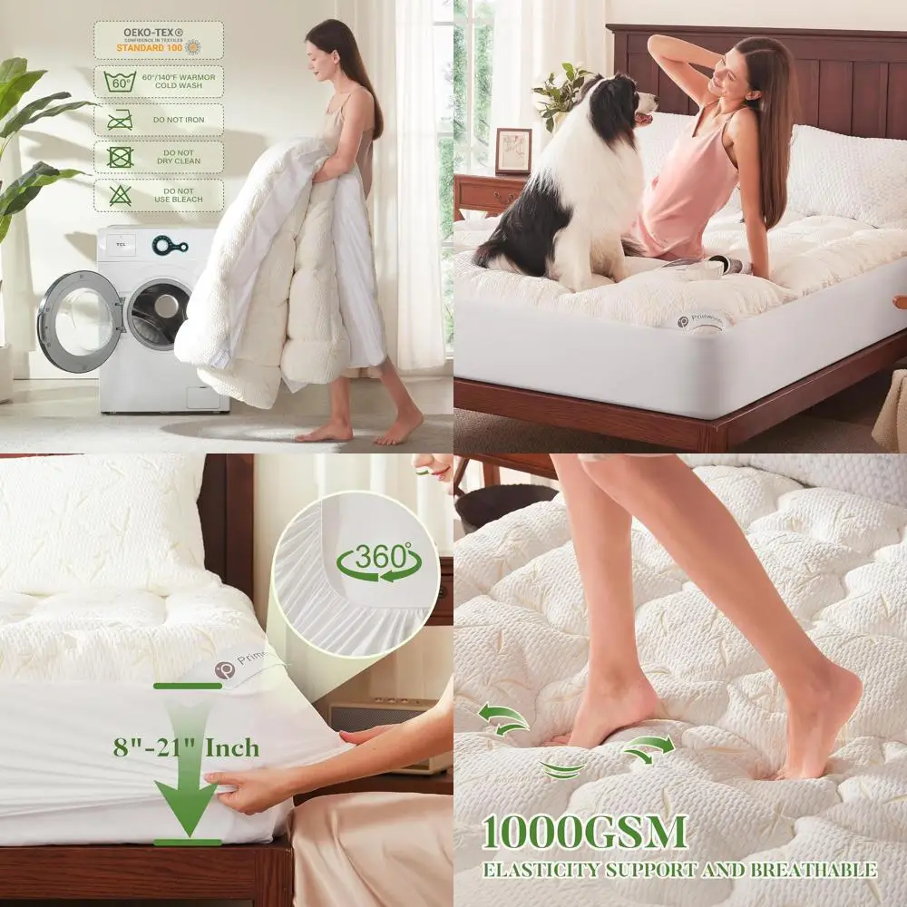 

King Size Waterproof Mattress Topper with Pillow Top, 21 Inch Pocket, Breathable Soft Pad for Back Support (Beige)