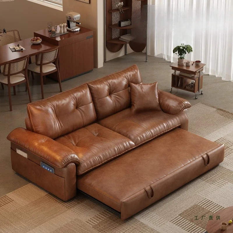 Medieval leather sofa bed folding dual-purpose 2025 new living room small apartment adjustable backrest retro sofa