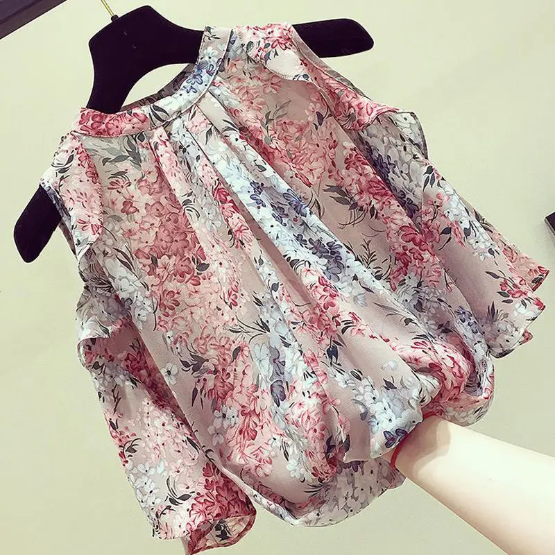 Fashion Elegant Floral Off Shoulder Chiffon Shirt Summer New Women Clothing O-Neck Ruffles Loose Casual Pullovers Blouses Female