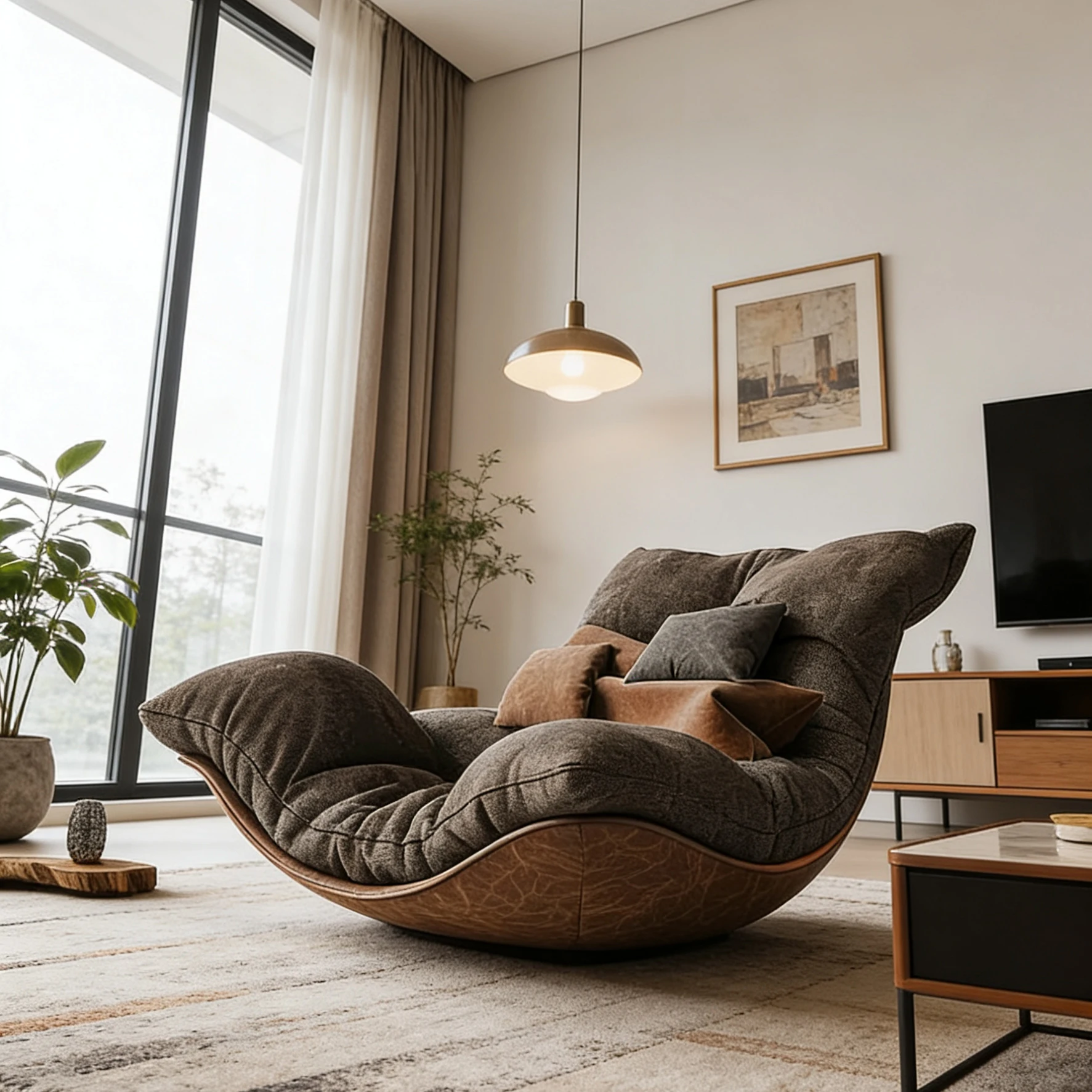 Modern Light  Curved Lazy Sofa Caramel Orange Flannel Leather Patchwork Living Room Leisure Reclining Chair