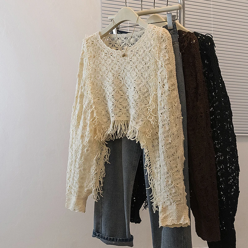 Retro Vacation Style round Neck Hook Flower Hollow Knitted Sweater Women's Autumn Asymmetrical Fringe Outer Cover Shirt