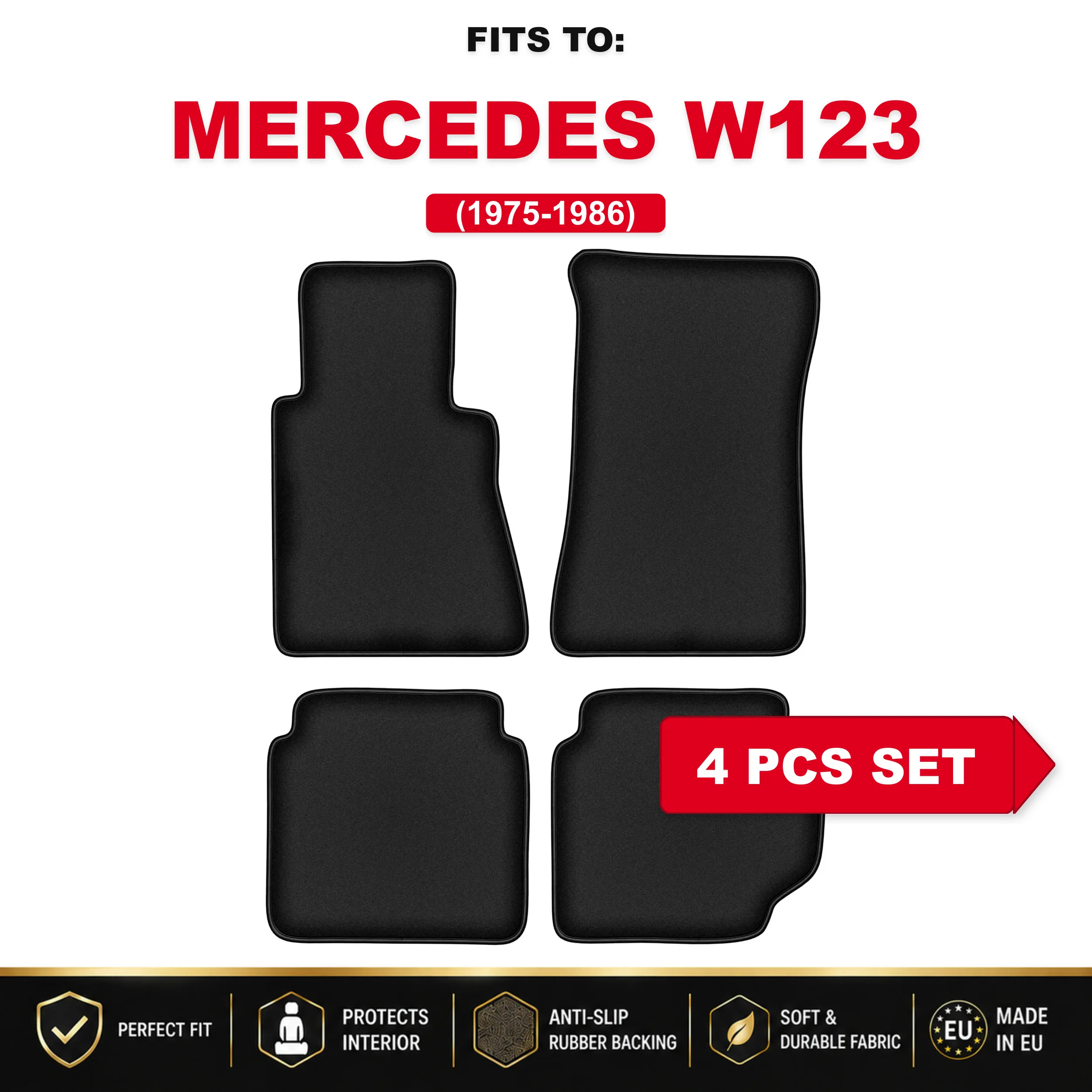 Zwarte velours autovloermatten, 4 stuks Voor: Mercedes W123 1975-1986 automattenset voor in de auto
