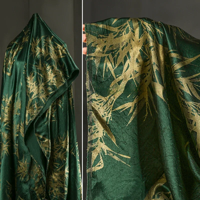 

Bamboo Charm Green Gold Heavy Duty Silk High End Cheongsam Pants Skirts Shirts Clothing Designer Fabric