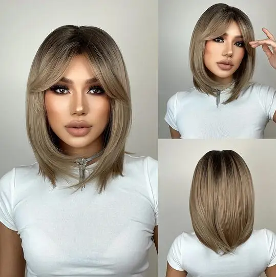 

Synthetic Wigs with Bangs Brown to Blonde Ombre Medium Length Straight Bob Wigs for Women High Temperature Daily Use Wig