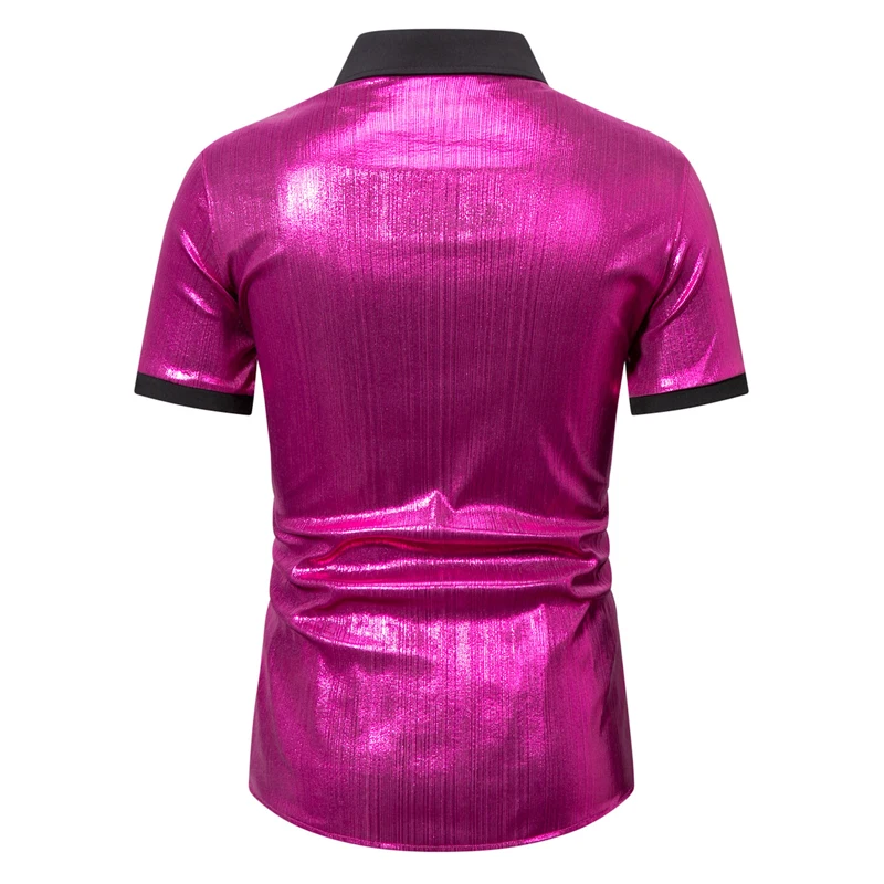 Mens Shiny Metallic Party Shirt Short Sleeve Button Down Dazzling Shirt Men Casual Stage Prom Nightclub Clothing Chemise Homme