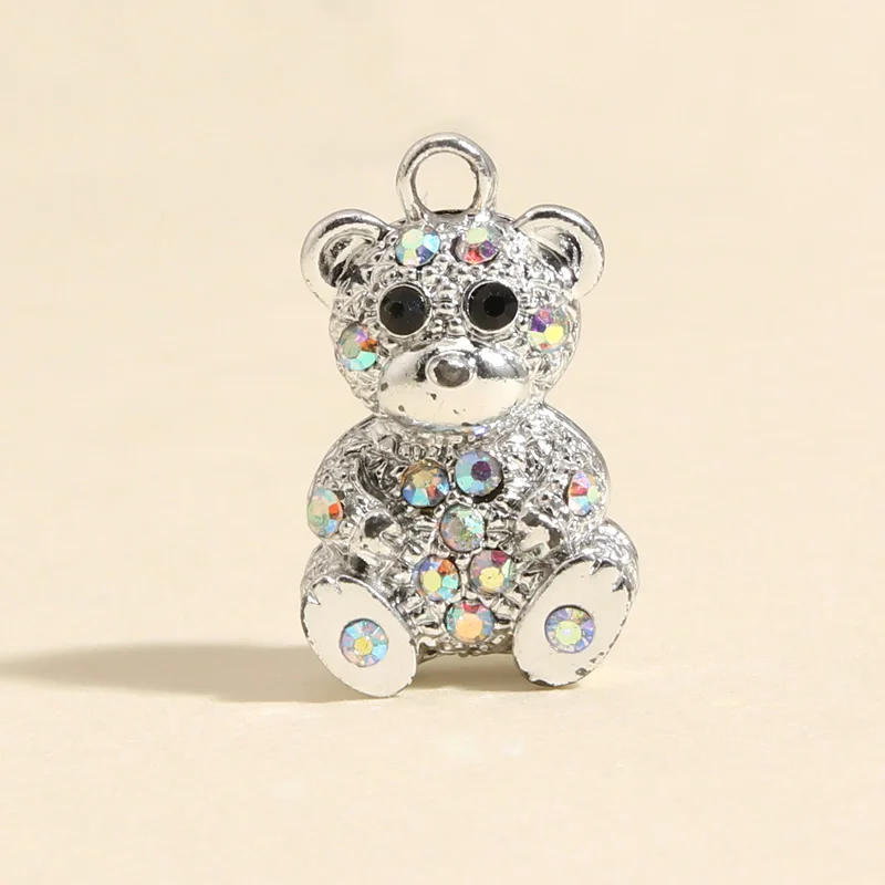 5pcs Silver Color 24x14mm Cute 3D Bear Crystal Charms Animal Pendant Fit Necklaces DIY Handmade Jewelry Making Finding Supplies