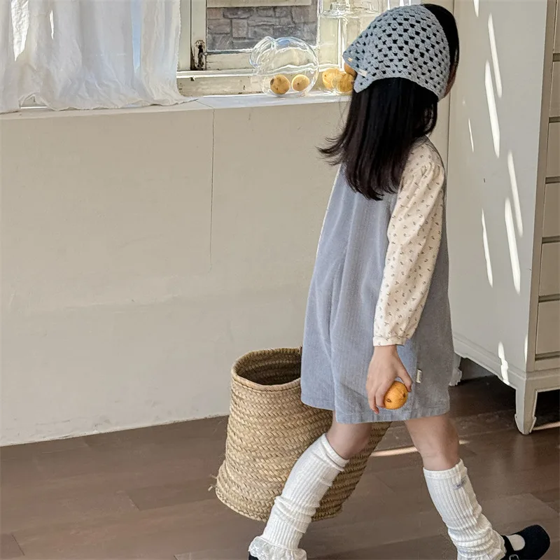 Girls' Corduroy Overalls Jumpsuit 2026 Autumn Korean Lace Ruffle Knee Length Children Suspenders Pants Toddler Kids Clothes
