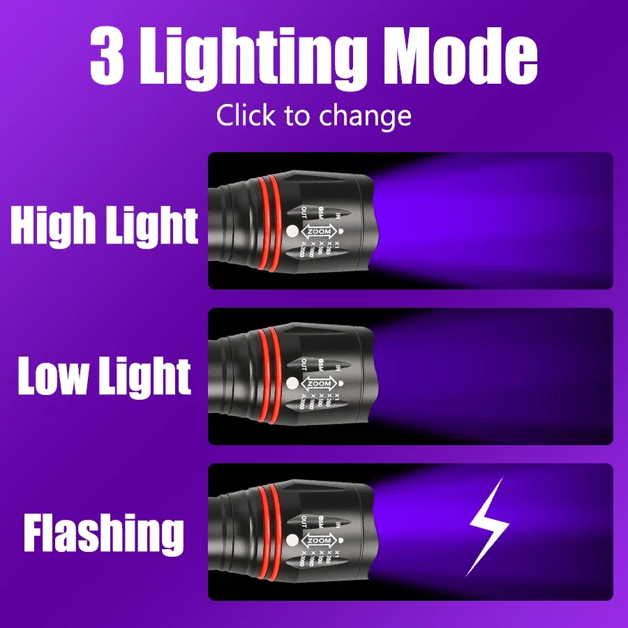 USB Rechargeable Zoomable UV Flashlight,395nm Blacklight Torch, Handheld Ultraviolet Light for Pet Urine Detector Resin Curing