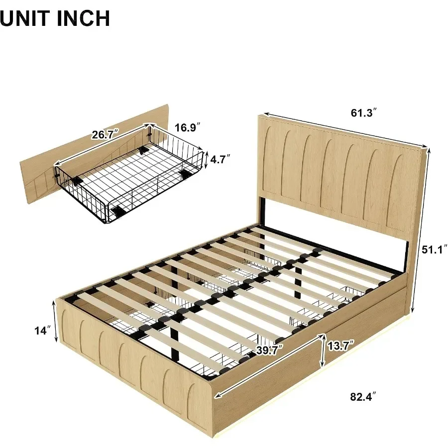 Queen Size Wood Platform Bed Frame with Side Storage Drawers, Curved Headboard Wood Slat Support, No Box Spring Needed, Minimal - view 2