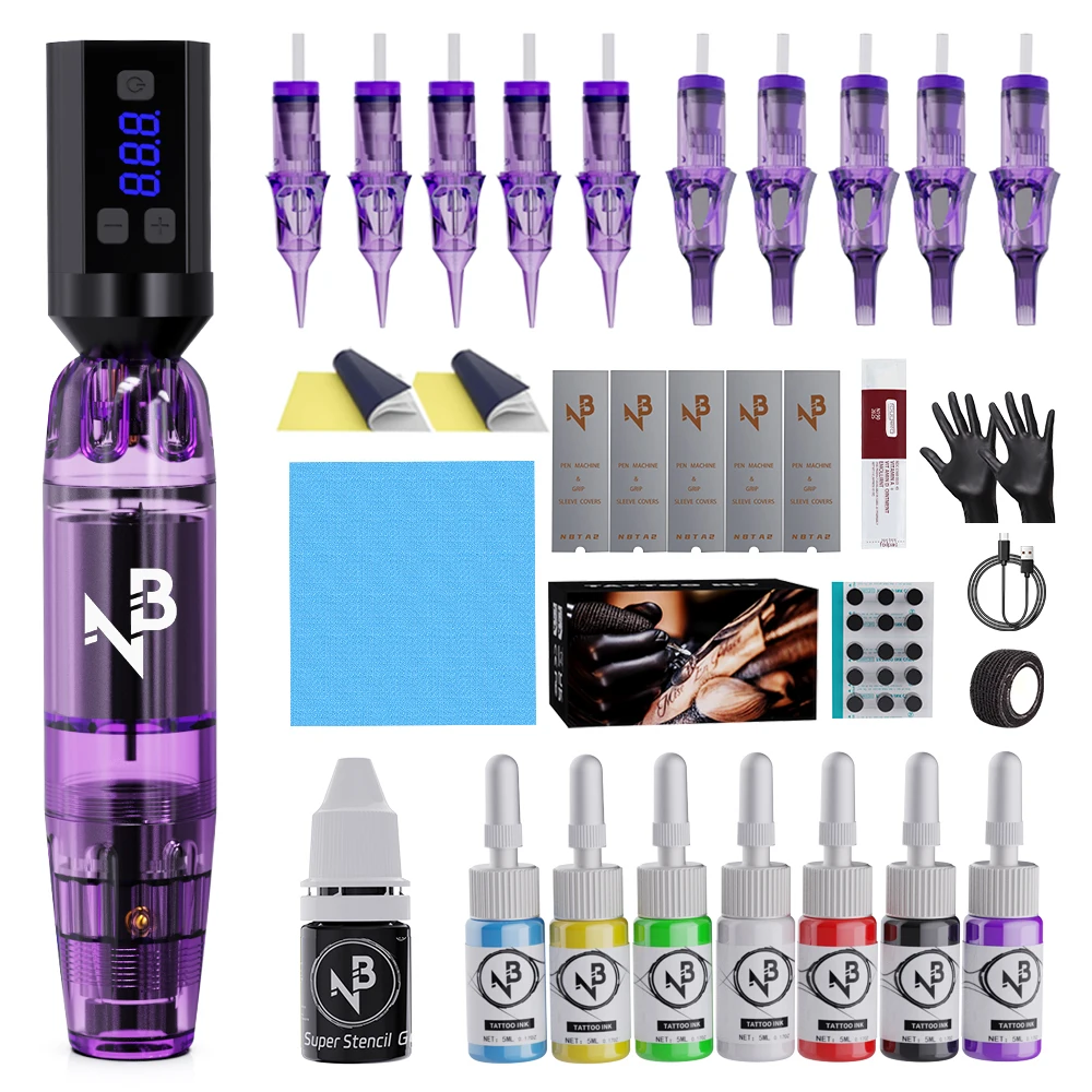 

Gold Plume Tattoo Pen Kit - Purple Tattoo Pen with 10 Tattoo Needles, 8 Colors of Ink, Tattoo Machine Kit with Wireless Tattoo Power Supply and Professional Tattoo Supplies, Beginner Tattoo Gun Kit, Tm-73