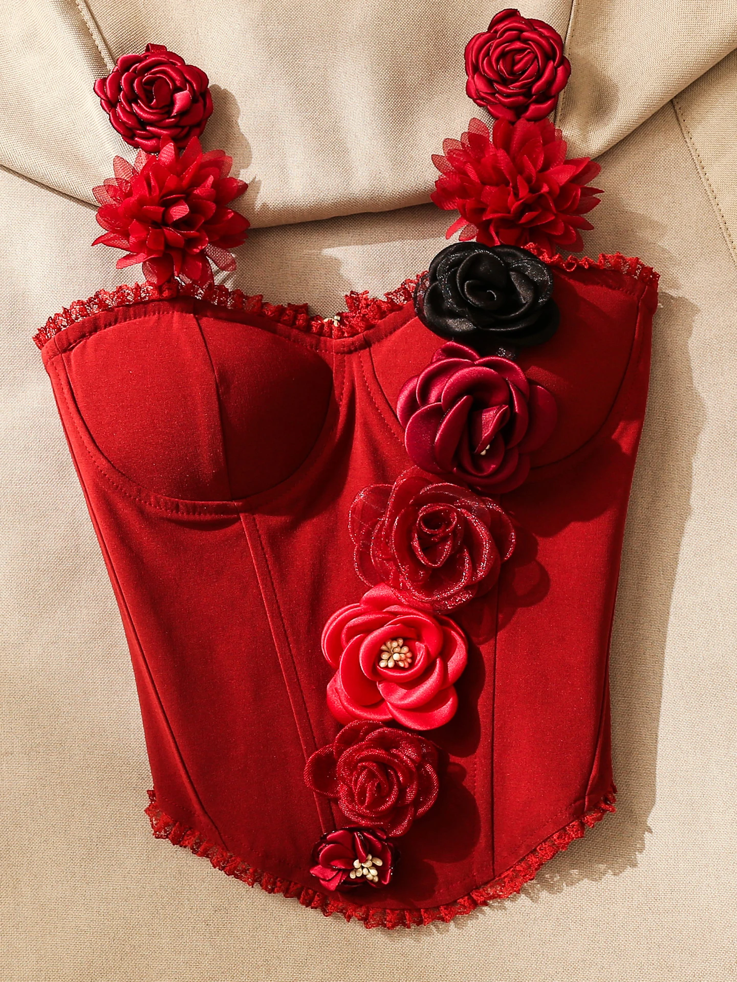 Sexy Red Flower Embroidery Crop Top Women's Camisole Vest Inner Wear Waist Cinched Strap Vest Short Length City Walk Outfit