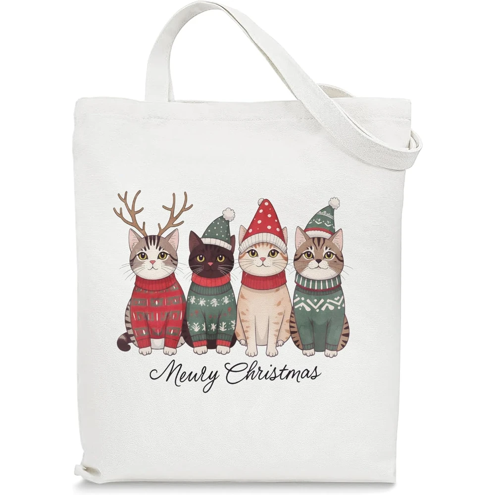 Bolsas de mano navideñas de vacas y gatos cardinales para mujer, bolsas de compras reutilizables para comestibles, cómodas de llevar bolsas ecológicas