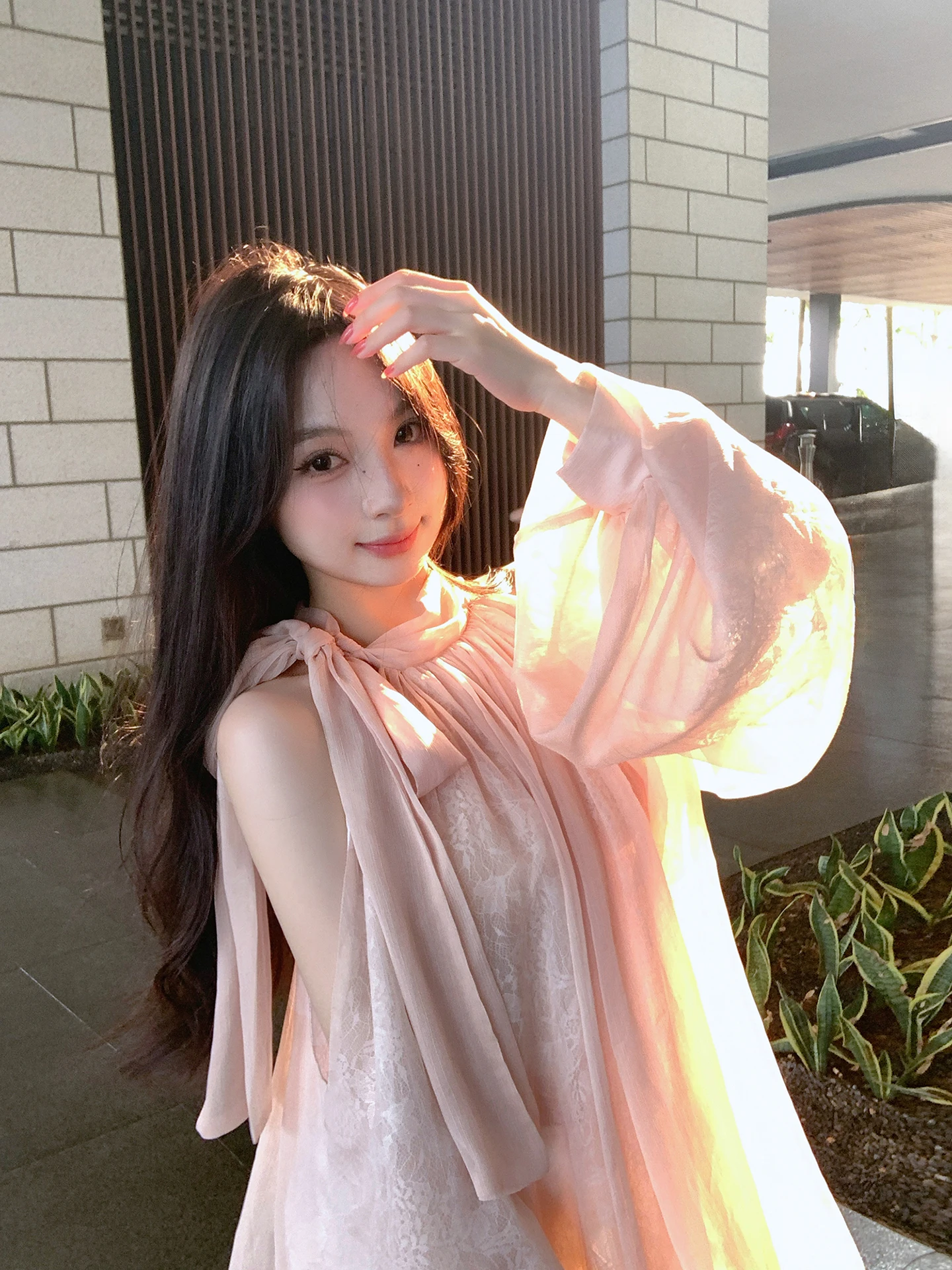 

Pink Long Sleeve Lace Chiffon Top Women's Shoulder Bared Pure Desire Style Loose Fit Sweet Style Spring 2026 New Arrival