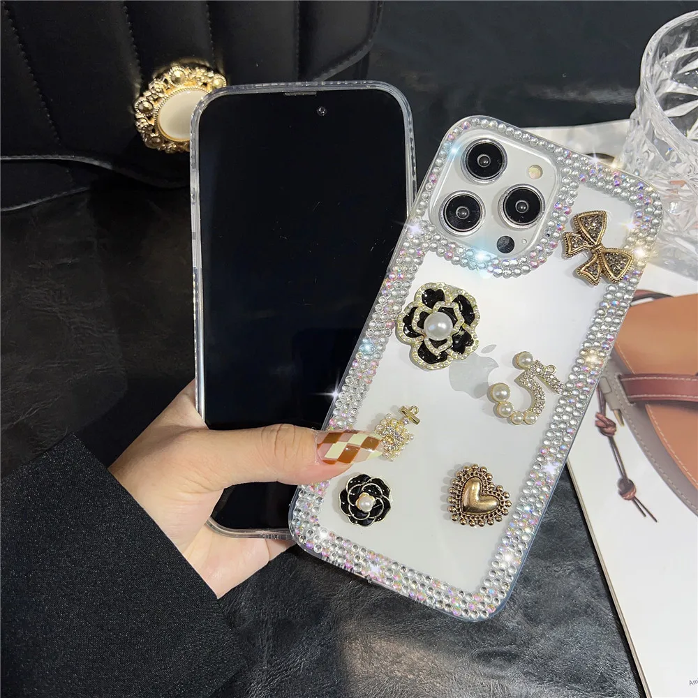 Camellia Red Image for iPhone 16 Promax/14/15/13 Phone Case, Handheld Diamond High End Phone Protection Case, Anti Drop