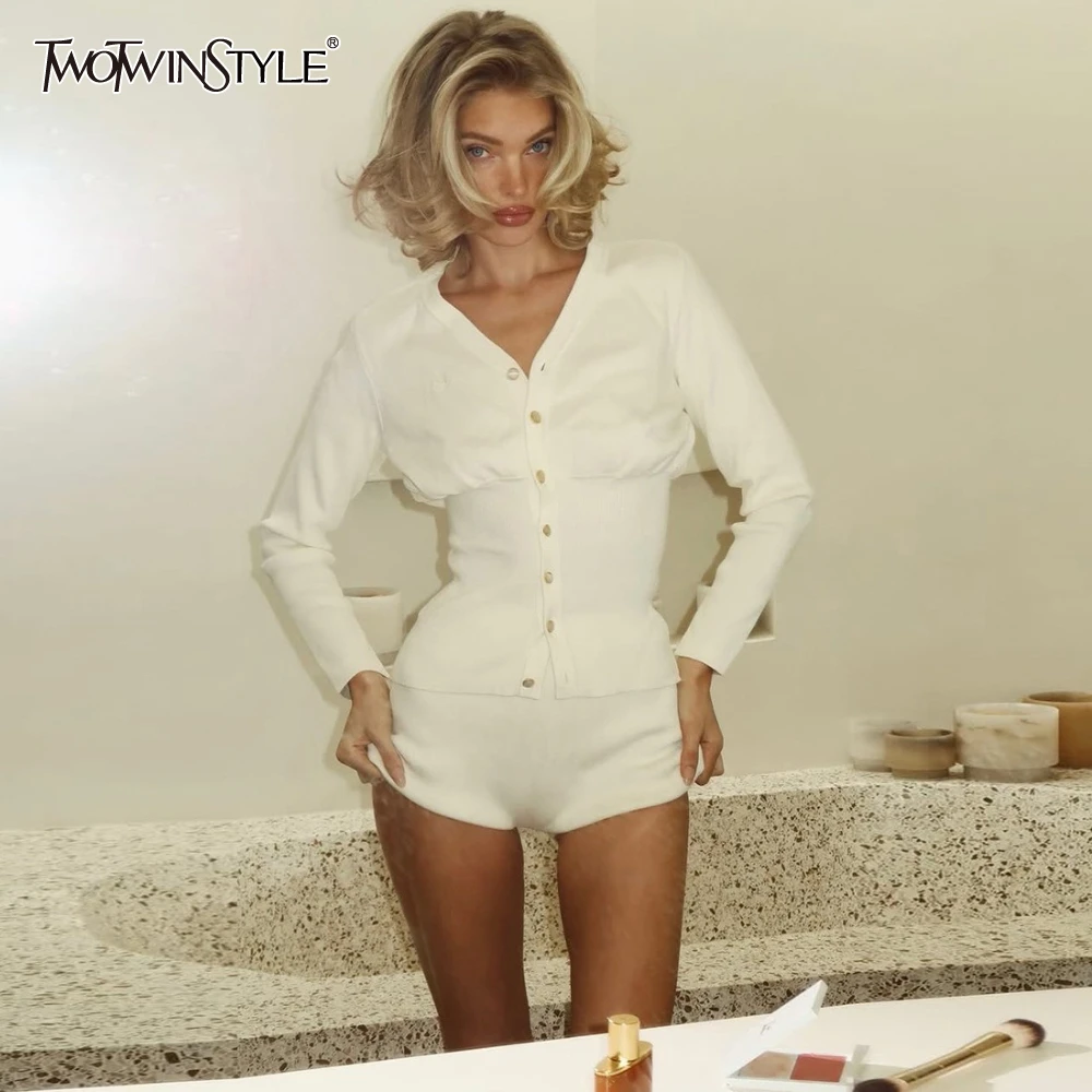 

TWOTWINSTYLE Autumn Sexy Two Piece Set for Women V Neck Long Sleeves Top High Waist Slimming Shorts Casual Solid Suit Female New