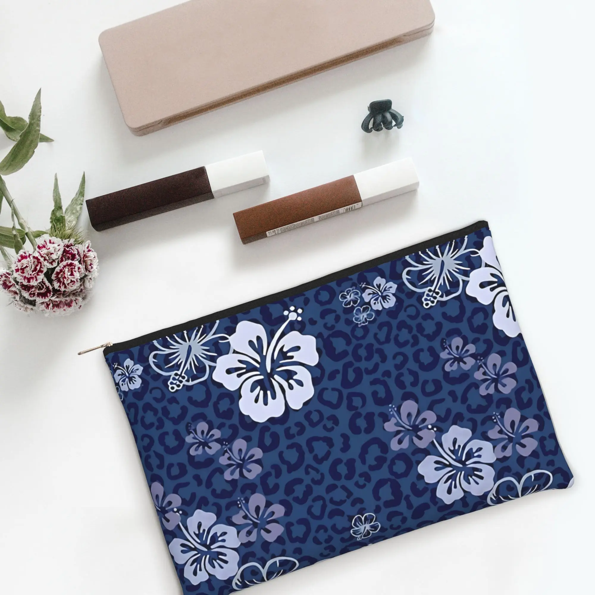 Foldable Cute pouch Pretty In Blue Leopard Print Floral Repeated Pattern Makeup Bag  Toiletry Bag with Zipper