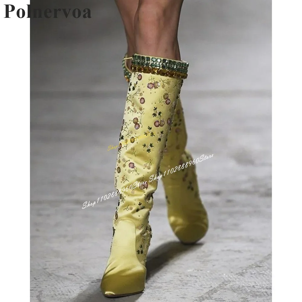 

Bling Knee High Yellow Satins Crystal Boots Thin High Heel Shoes For Women Side Zipper Pointed Toe Luxury Catwalk Women Boots