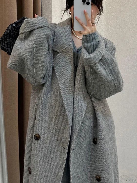

Двустороннее шерстяное пальто для женщин, новинка 2025 года, осенне-зимнее, высококачественное, корейский стиль, средней длины, с длинными рукавами