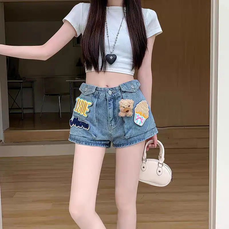 

3d Bear Velcro Design Sense Denim Shorts Women Summer New Loose Jean Hot Pants