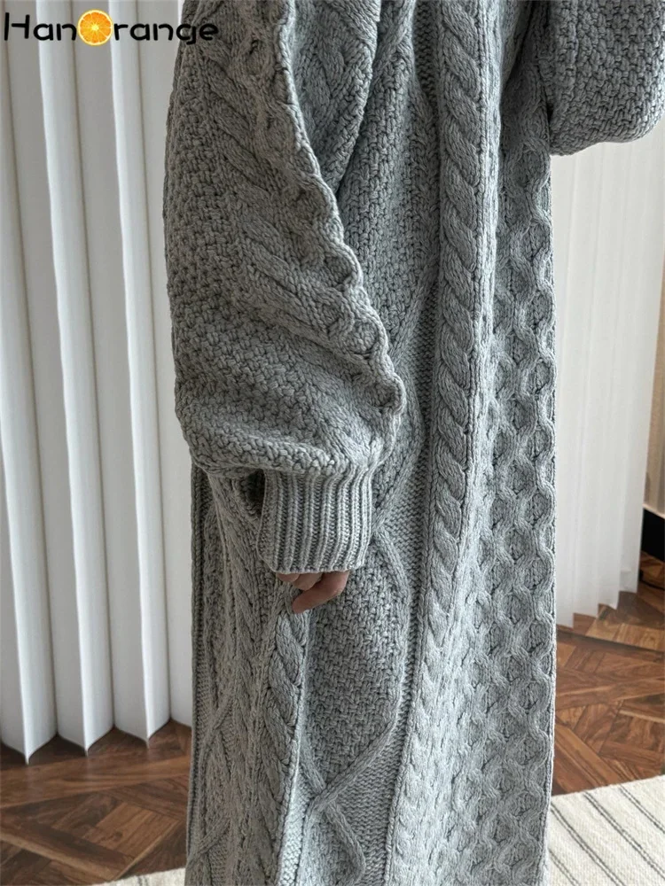 HanOrange 2024 Winter Vintage Heavy Thickened Fried Dough Twists Knitted Dress Thick Warm Long Sweater Dress Off White/Gray