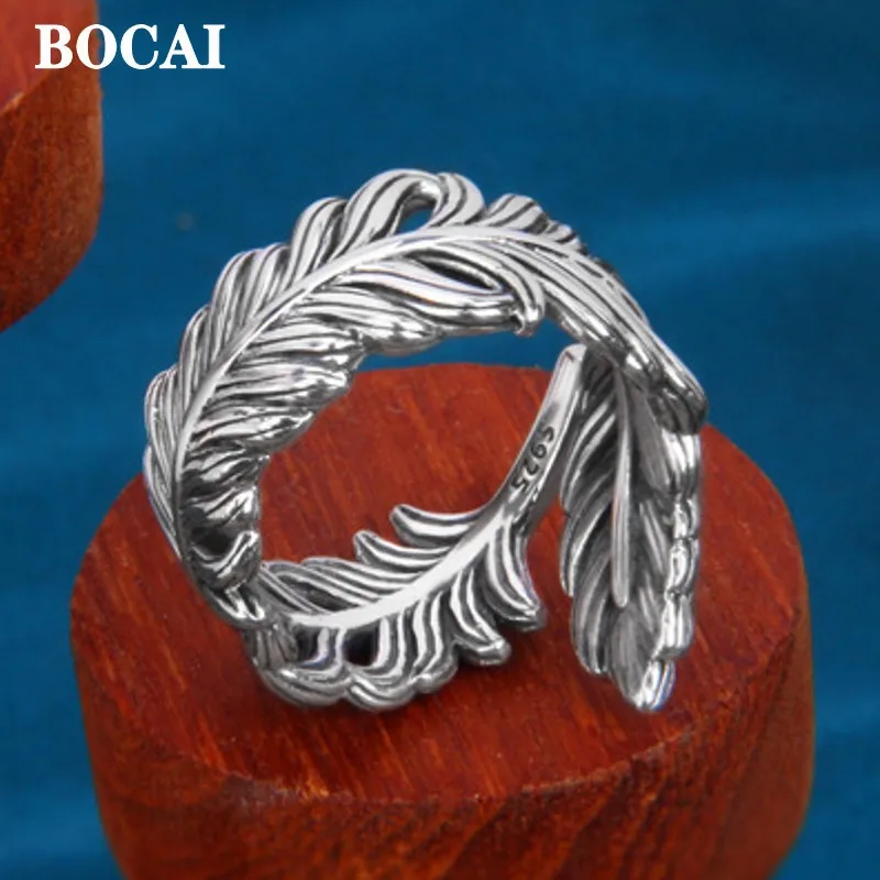 BOCAI New Real S925 Silver Retro Personality Trendy Wide Version Feather Ring for Men and Women Hip Hop Punk Jewelry Accessories