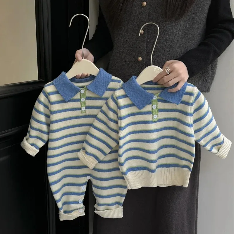 ZOETOPKID Korean Baby Clothes 2026 Spring and Autumn Fashion Striped Baby Boy's Knitted One Piece Clothes or Sweater Tops