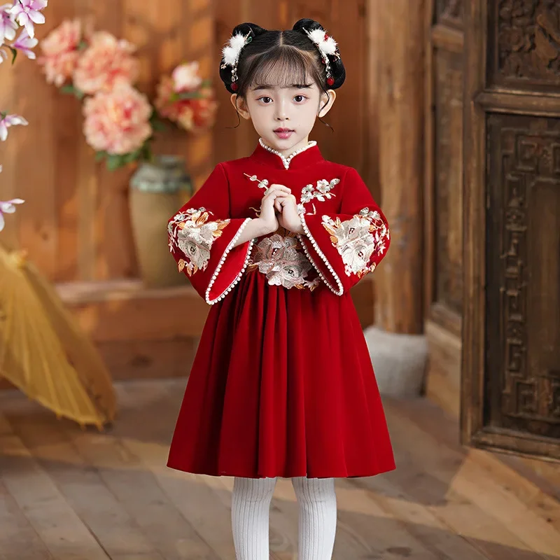 

Новогоднее платье для девочек, праздничное красное утолщенное зимнее платье для малышей на один год, новогодняя праздничная одежда, теплая гарантированная