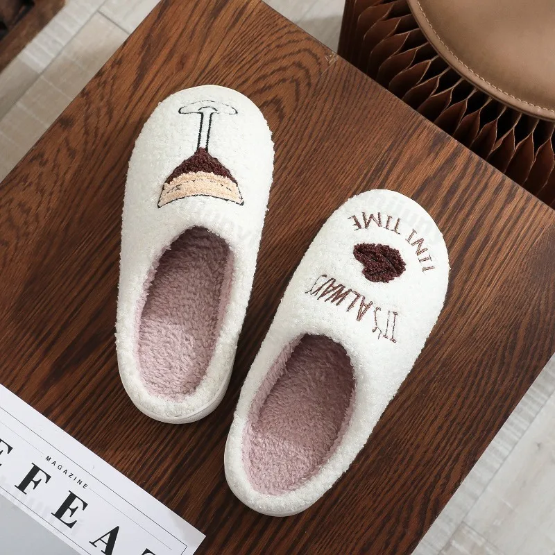 

Winter Couple Plush Slippers Men Women Warm Indoor Exquisite Cup Pattern Comfortable Soft Home Slippers Fashion Bedroom Shoes