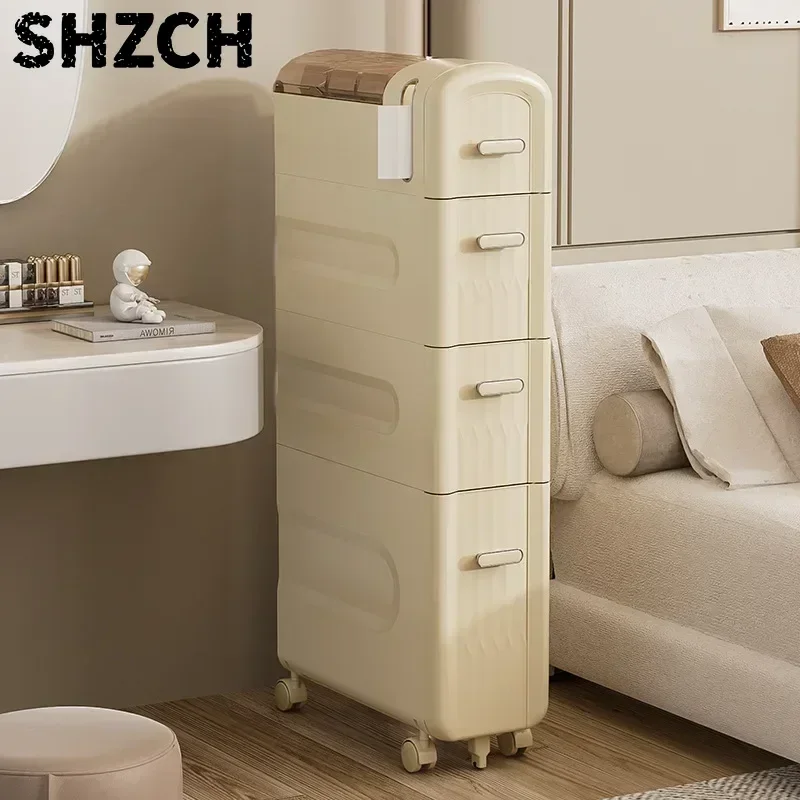 Cream Style Transparent Plastic Seam Storage Shelf Bathroom Floor Cart Storage Cabinets Toilet Side Narrow Gap Cabinet Storage