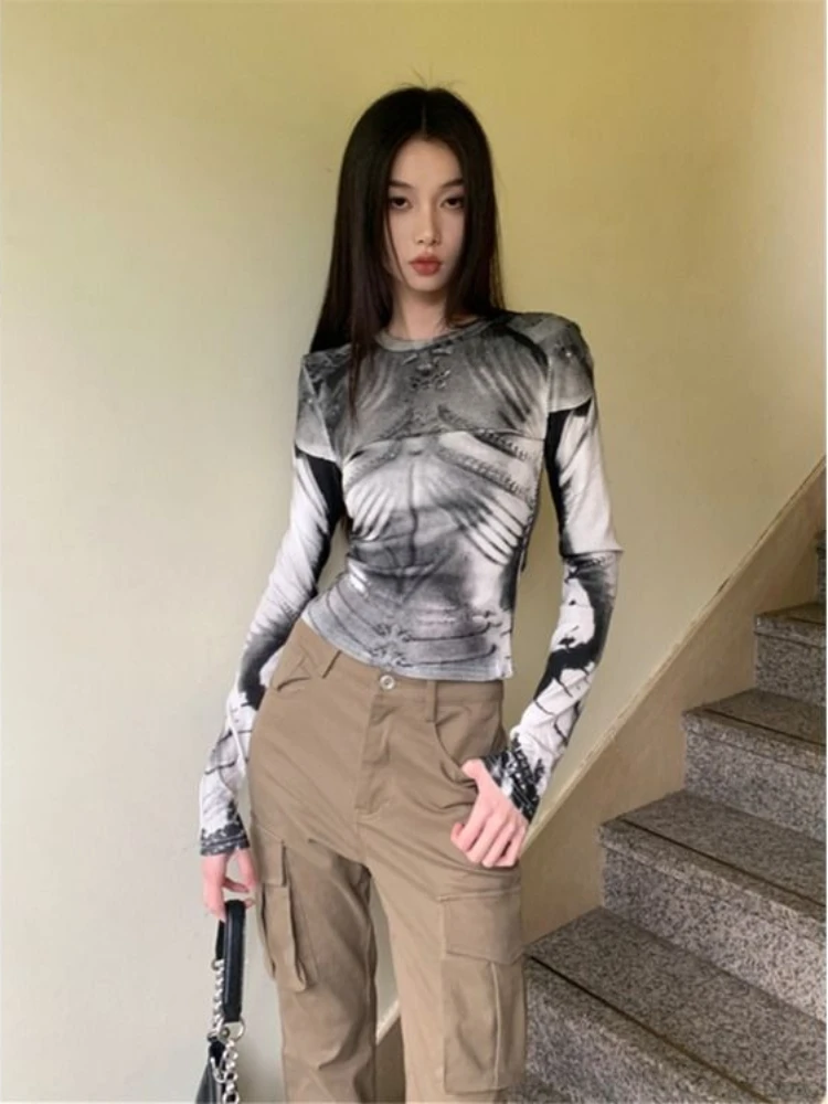 Deeptown Y2k Gothic Vintage Graphic Women T-Shirts Punk Harajuku Japanese 2000s Style Long Sleeve Slim Tees Streetwear Gyaru
