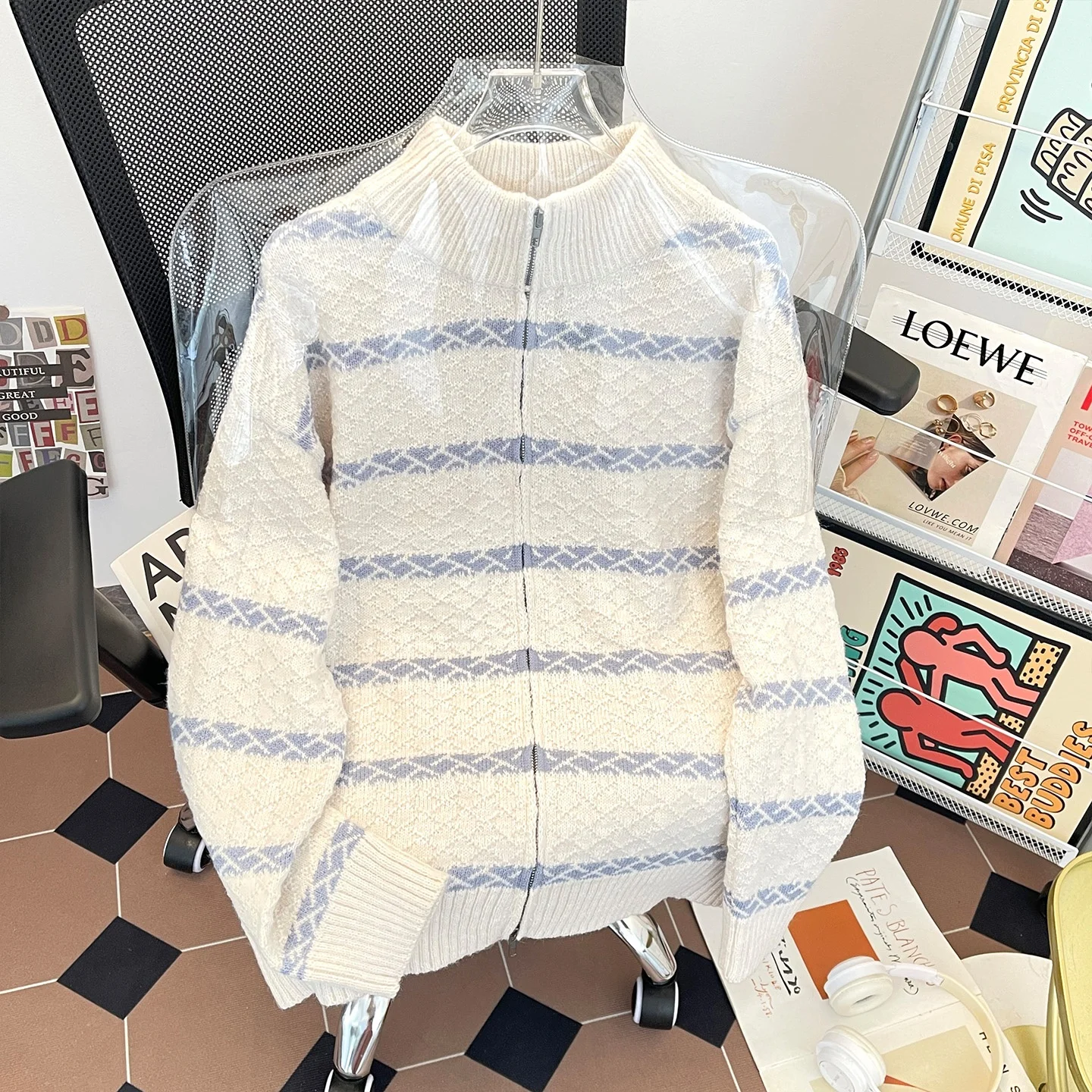 

Корейский вязаный кардиган в полоску для мужчин, осенне-зимний, с внутренней молнией, высоким воротником, свободный, в стиле оверсайз, для пар